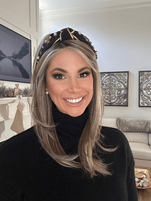 Katy C. @thewigeducator wearing SPOTLIGHT PETITE by RAQUEL WELCH WIGS in color RL12/22SS SHADED CAPPUCCINO | Light Golden Brown Evenly Blended with Cool Platinum Blonde Highlights and Dark Roots