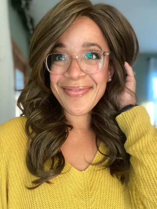 Brea @getwiggywithbrea wearing STROKE OF GENIUS by RAQUEL WELCH WIGS in color RL10/12 SUNLIT CHESTNUT | Light Chestnut Brown Evenly Blended with Light Brown