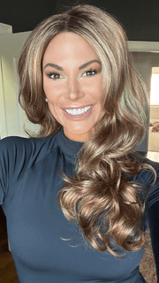 Katy C. @thewigeducator wearing BRIANNA by ENVY in color GOLDEN NUTMEG | Medium Brown roots with overall Warm Cinnamon base and Golden Blonde highlights