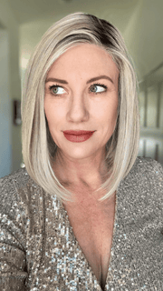 Jenny B. @thewiggygirl wearing CURRENT EVENTS by RAQUEL WELCH WIGS in color RL16/22SS SHADED ICED SWEET CREAM | Pale Blonde with Slight Platinum Highlighting with Dark Roots