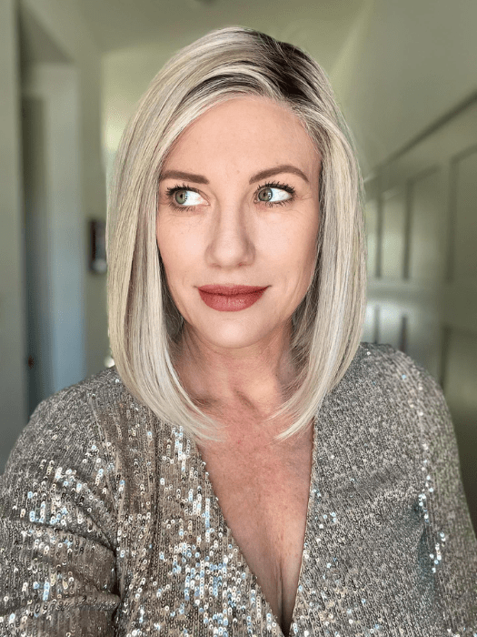Jenny B. @thewiggygirl wearing CURRENT EVENTS by RAQUEL WELCH WIGS in color RL16/22SS SHADED ICED SWEET CREAM | Pale Blonde with Slight Platinum Highlighting with Dark Roots
