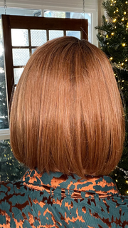 Jenna Fail @jenna_fail wearing CURRENT EVENTS by RAQUEL WELCH WIGS in color RL29/33SS ICED PUMPKIN SPICE | Strawberry Blonde Shaded with Dark Red-Brown