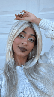 Shyla @stylewithshyla wearing ZARA PETITE by JON RENAU in color FS17/101S18 PALM SPRINGS BLONDE | Light Ash Blonde with Pure White Natural Violet Bold Highlights, Shaded with Dark Natural Ash Blonde