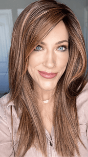 Kristyna Moore @kristynamoore wearing CLOUD by ELLEN WILLE in color ROSEWOOD ROOTED | Medium Dark Brown Roots that Melt into a Mixture of Saddle Brown and Terra-Cotta Tones