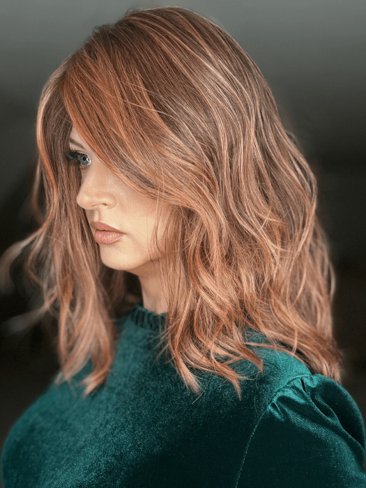 Sandy Holston @i_be_wiggin wearing TABU by ELLEN WILLE in color ROSEWOOD ROOTED | Medium Dark Brown Roots that Melt into a Mixture of Saddle Brown and Terra-Cotta Tones with Dark Roots