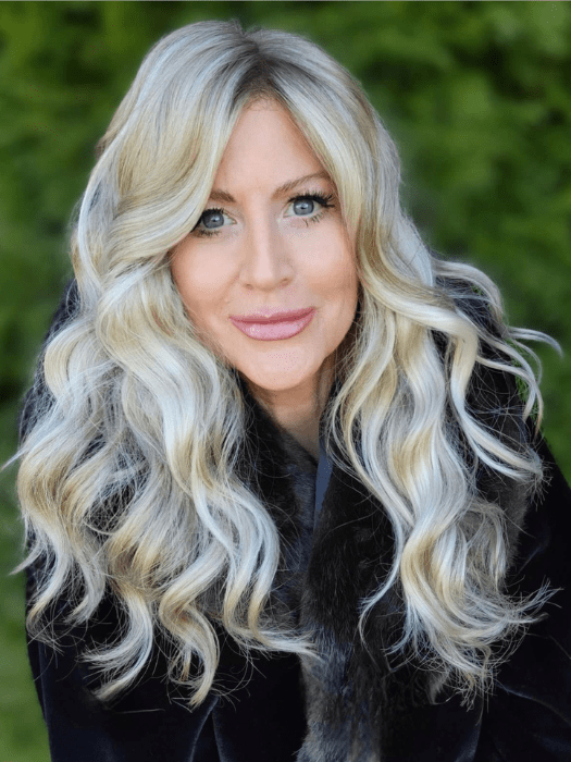 Natalie Gray @vanish.into.thin.hair wearing SARAH by JON RENAU in color FS17/101S18 PALM SPRINGS BLONDE | Light Ash Blonde with Pure White Natural Violet Bold Highlights, Shaded with Dark Natural Ash Blonde