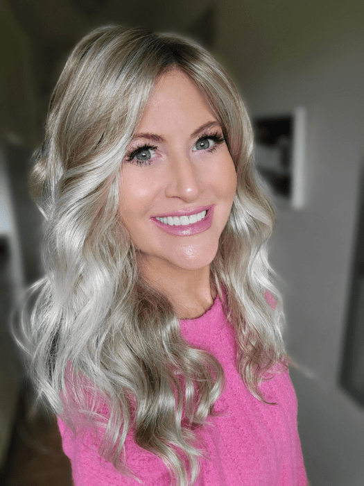 Natalie Gray @vanish.into.thin.hair wearing SARAH by JON RENAU in color FS17/101S18 PALM SPRINGS BLONDE | Light Ash Blonde with Pure White Natural Violet Bold Highlights, Shaded with Dark Natural Ash Blonde