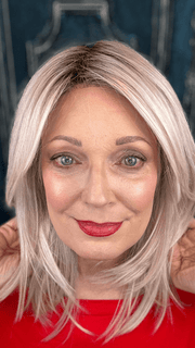Mel B @mels.be.ageless wearing LUNA by ELLEN WILLE in color PASTEL-ROSE-SHADED | Pearl Platinum, Silver White and Pastel Pink blend with dark shaded roots Edit alt text PPC MAIN IMAGE FB MAIN IMAGE