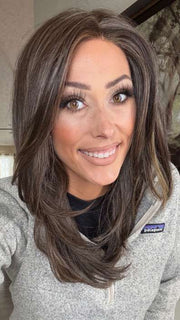 Nichole @nicholealee wearing BEVERLY HILLS by BELLETRESS in color DARK BROWN HL | A Blend of Dark Brown, Strawberry Light Auburn and Soft Chunky Medium and Dark Blonde Highlights.
