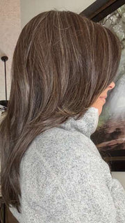 Nichole @nicholealee wearing BEVERLY HILLS by BELLETRESS in color DARK BROWN HL | A Blend of Dark Brown, Strawberry Light Auburn and Soft Chunky Medium and Dark Blonde Highlights.

