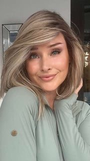 Heather @cjswigs wearing EMMA by ENVY BY ALAN EATON in color SPARKLING-CHAMPAGNE | Medium Brown roots with overall Strawberry Blonde base and soft Golden Blonde highlights | heat styled straight