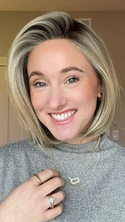 Carly @carlynwilson84 wearing CAMERON by JON RENAU in color 22F16S8 VENICE BLONDE | Light Ash Blonde and Light Natural Blonde Blend Shaded with Medium Brown
