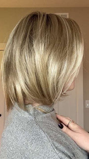 Carly @carlynwilson84 wearing CAMERON by JON RENAU in color 22F16S8 VENICE BLONDE | Light Ash Blonde and Light Natural Blonde Blend Shaded with Medium Brown
