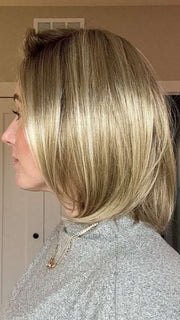 Carly @carlynwilson84 wearing CAMERON by JON RENAU in color 22F16S8 VENICE BLONDE | Light Ash Blonde and Light Natural Blonde Blend Shaded with Medium Brown
