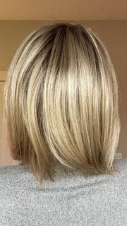 Carly @carlynwilson84 wearing CAMERON by JON RENAU in color 22F16S8 VENICE BLONDE | Light Ash Blonde and Light Natural Blonde Blend Shaded with Medium Brown
