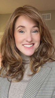 Carly @carlynwilson84 wearing CURVE APPEAL by RAQUEL WELCH WIGS in color RL29/25 GOLDEN RUSSET | Ginger Blonde Evenly Blended with Medium Golden Blonde
