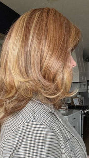 Carly @carlynwilson84 wearing CURVE APPEAL by RAQUEL WELCH WIGS in color RL29/25 GOLDEN RUSSET | Ginger Blonde Evenly Blended with Medium Golden Blonde
