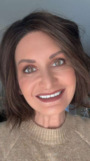 Emily @she_sheds_more wearing ESPRIT by ELLEN WILLE in color DARK-CHOCOLATE-ROOTED 6.30.4 | Dark Brown Base with Light Reddish Brown Highlights with Dark Roots