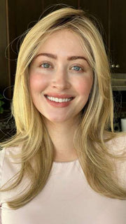 Steph @wigswithsteph wearing BEVERLY HILLS by BELLETRESS in color RAW SUGAR BLONDE | A Neutral Light Blonde, Honey Blonde, Pale Gold Blonde, with a base of Light Brown Low Lights featuring a Medium Root Color