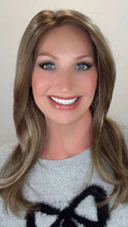 Kim @letstalkwithkim wearing BELINDA by ENVY BY ALAN EATON in color ALMOND BREEZE | Light Brown blended with Ash Blonde
