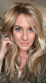 Jenny B. @thewiggygirl wearing ARROW by ELLEN WILLE in color CARAMEL LIGHTED | Dark Honey Blonde base with Gold Blonde highlights on the top only, darker nape
