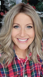 Natalie @vanish.into.thin.hair wearing MIU V by BELLETRESS in color SHAKEN OATMILK BLONDE R | A Medium and Light Brown Base with Cool and Neutral Blonde, and Light Blonde Highlights with a Medium Brown Root