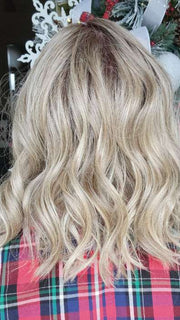 Natalie @vanish.into.thin.hair wearing MIU V by BELLETRESS in color SHAKEN OATMILK BLONDE R | A Medium and Light Brown Base with Cool and Neutral Blonde, and Light Blonde Highlights with a Medium Brown Root
