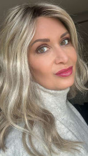 Emily @she_sheds_more wearing HEIDI by JON RENAU in color 22F16S8 VENICE BLONDE | Light Ash Blonde and Light Natural Blonde Blend Shaded with Medium Brown
