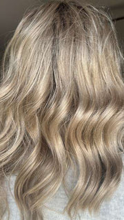 Emily @she_sheds_more wearing HEIDI by JON RENAU in color 22F16S8 VENICE BLONDE | Light Ash Blonde and Light Natural Blonde Blend Shaded with Medium Brown
