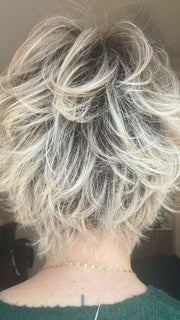 Emily @she_sheds_more wearing RELAX by ELLEN WILLE in color CHAMPAGNE ROOTED 22.25.20 | Light Neutral Blonde, Lightest Golden Blonde, and Light Strawberry Blonde Blend with Shaded Roots
