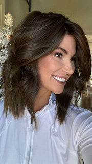 Katy C. @thewigeducator wearing BIG SPENDER by RAQUEL WELCH WIGS in color RL8/12SS ICED MOCHA | Medium Brown Shaded with Dark Blonde

