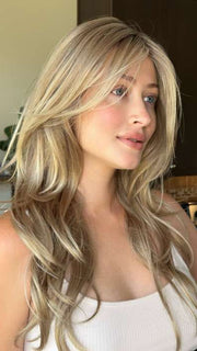 Steph B @wigswithsteph wearing ANGELICA by NORIKO in color MOCHA H | Rooted Dark with Medium Ash Blonde with Platinum Blonde highlight


