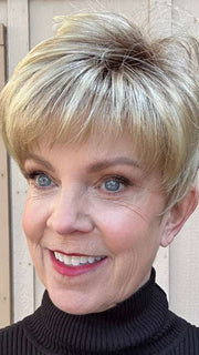 Susan Sparks @an_affair_with_hair wearing TIFFANY by ENVY BY ALAN EATON in color CHAMPAGNE SHADOW | Soft Dark Blonde with Platinum Highlights and Chestnut Roots
