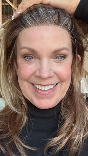 Susan Sparks @an_affair_with_hair wearing BELINDA by ENVY BY ALAN EATON in color GOLDEN NUTMEG | Medium Brown roots with overall Warm Cinnamon base and Golden Blonde highlights
