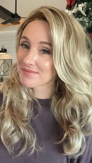 Carly @carlynwilson84 wearing ORCHID by ESTETICA DESIGNS in color RH1488M | Dark Blonde with Lightest Blonde Highlights

