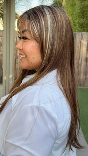 Arlah and Katrina @wearethehairsis wearing ROBIN by NORIKO in color ALMOND SPICE-R | Rooted Dark Brown with Medium Brown Base with Honey and Platinum Blonde Highlights
