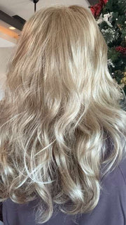 Carly @carlynwilson84 wearing ORCHID by ESTETICA DESIGNS in color RH1488M | Dark Blonde with Lightest Blonde Highlights
