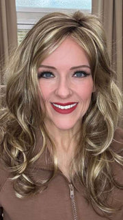 Marcie Mertz @wig.obsessed wearing ORCHID by ESTETICA DESIGNS in color R12/26CHM | Light Brown with Chunky Golden Blonde Highlights 