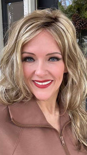 Marcie Mertz @wig.obsessed wearing ORCHID by ESTETICA DESIGNS in color R12/26CHM | Light Brown with Chunky Golden Blonde Highlights 