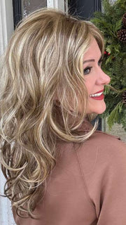 Marcie Mertz @wig.obsessed wearing ORCHID by ESTETICA DESIGNS in color R12/26CHM | Light Brown with Chunky Golden Blonde Highlights 