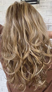 Marcie Mertz @wig.obsessed wearing ORCHID by ESTETICA DESIGNS in color R12/26CHM | Light Brown with Chunky Golden Blonde Highlights 