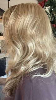 Carly @carlynwilson84 wearing ORCHID by ESTETICA DESIGNS in color RH1488M | Dark Blonde with Lightest Blonde Highlights
