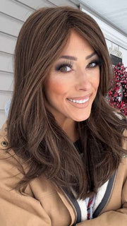 Nichole @nicholealee wearing BRANDI by AMORE in color TOASTED-BROWN | Dark Brown and Light Brown Blend
