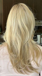 Steph @wigswithsteph wearing BEVERLY HILLS by BELLETRESS in color MILKSHAKE BLONDE R | A mixture of Light Sandy Brown, Highlighted with Light Ash Blonde with a Hint of Light Platinum Blonde with a Medium Root Color