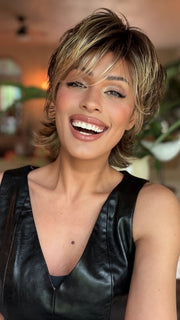 Roxie wearing TREND SETTER by RAQUEL WELCH in SS12/22 SHADED CAPPUCCINO | Light Golden Brown Evenly Blended with Cool Platinum Blonde Highlights and Dark Root