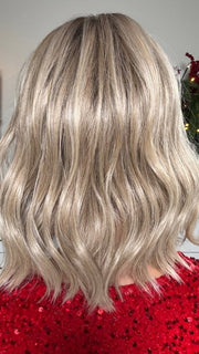 Sandy @i_be_wiggin wearing SIMMER by RAQUEL WELCH WIGS in color RL19/23SS SHADED BISCUIT | Light Ash Blonde Evenly Blended with Cool Platinum Blonde and Dark Roots