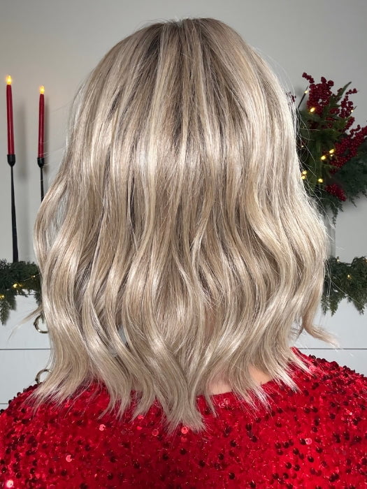 Sandy @i_be_wiggin wearing SIMMER by RAQUEL WELCH WIGS in color RL19/23SS SHADED BISCUIT | Light Ash Blonde Evenly Blended with Cool Platinum Blonde and Dark Roots