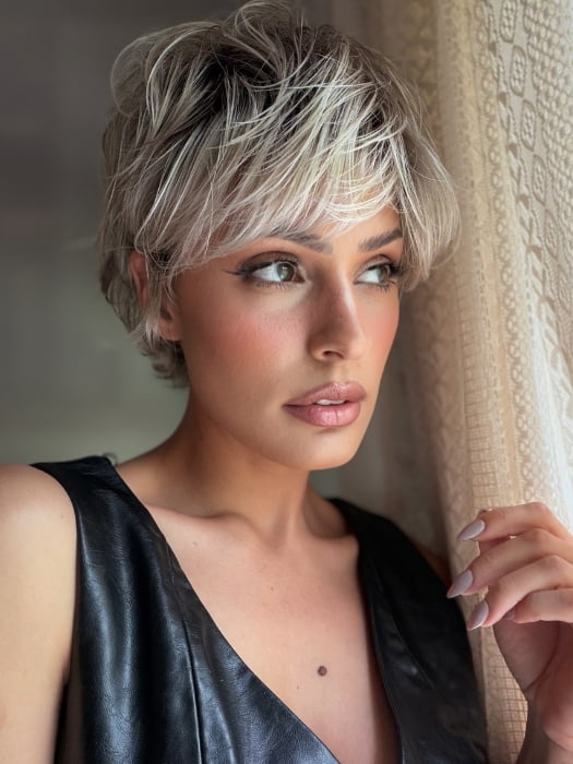 Roxie wearing JAZZ by JON RENAU in FS17/101S18 PALM SPRINGS BLONDE | Light Ash Blonde with Pure White Natural Violet Bold Highlights, Shaded with Dark Natural Ash Blonde