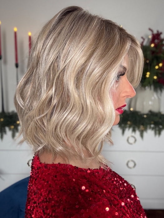 Sandy @i_be_wiggin wearing SIMMER by RAQUEL WELCH WIGS in color RL19/23SS SHADED BISCUIT | Light Ash Blonde Evenly Blended with Cool Platinum Blonde and Dark Roots