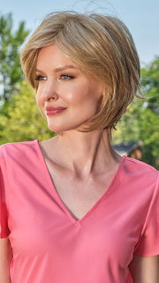 Model wearing WHITNEY by ENVY in GINGER CREAM | Dark Beige Blonde underneath highlighted on top with Light Beige Blonde
